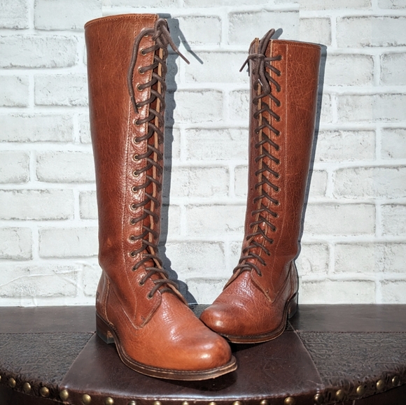Vntg Frye Vienna Tall Brown Genuine Leather Lace Up Knee High Vintage Zip Boots - Picture 1 of 15